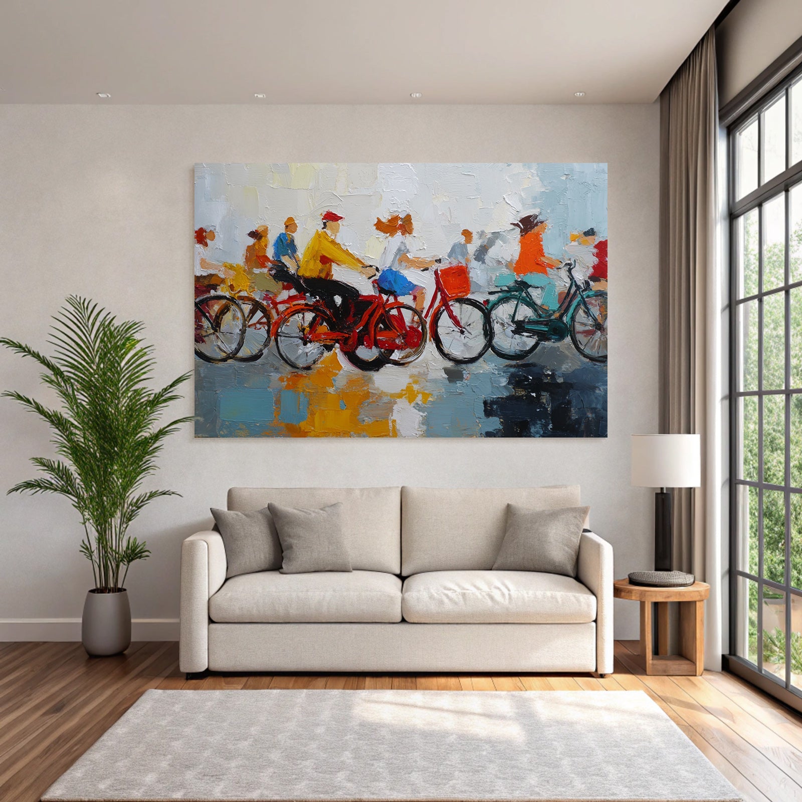 Abstract image of cyclists in colorful outfits