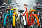 Bunte Anordnung Von Fahrradern Mit Farben Türkis Gelb Rot Orange | Fahrraeder und Motorraeder | Mobilitaet und Technik