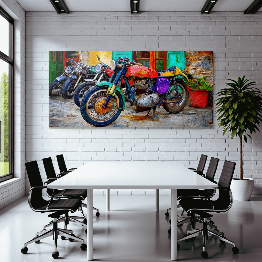 Bunte Motorräder Vor Einem Farbenfrohen Hintergrund