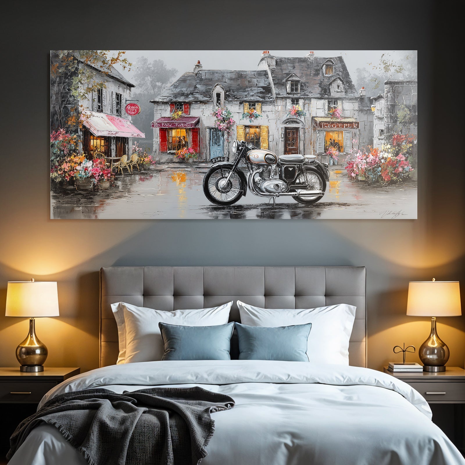 Bunte Strassenszene Mit Motorrad Vintage Blumen Regnerischer Tag