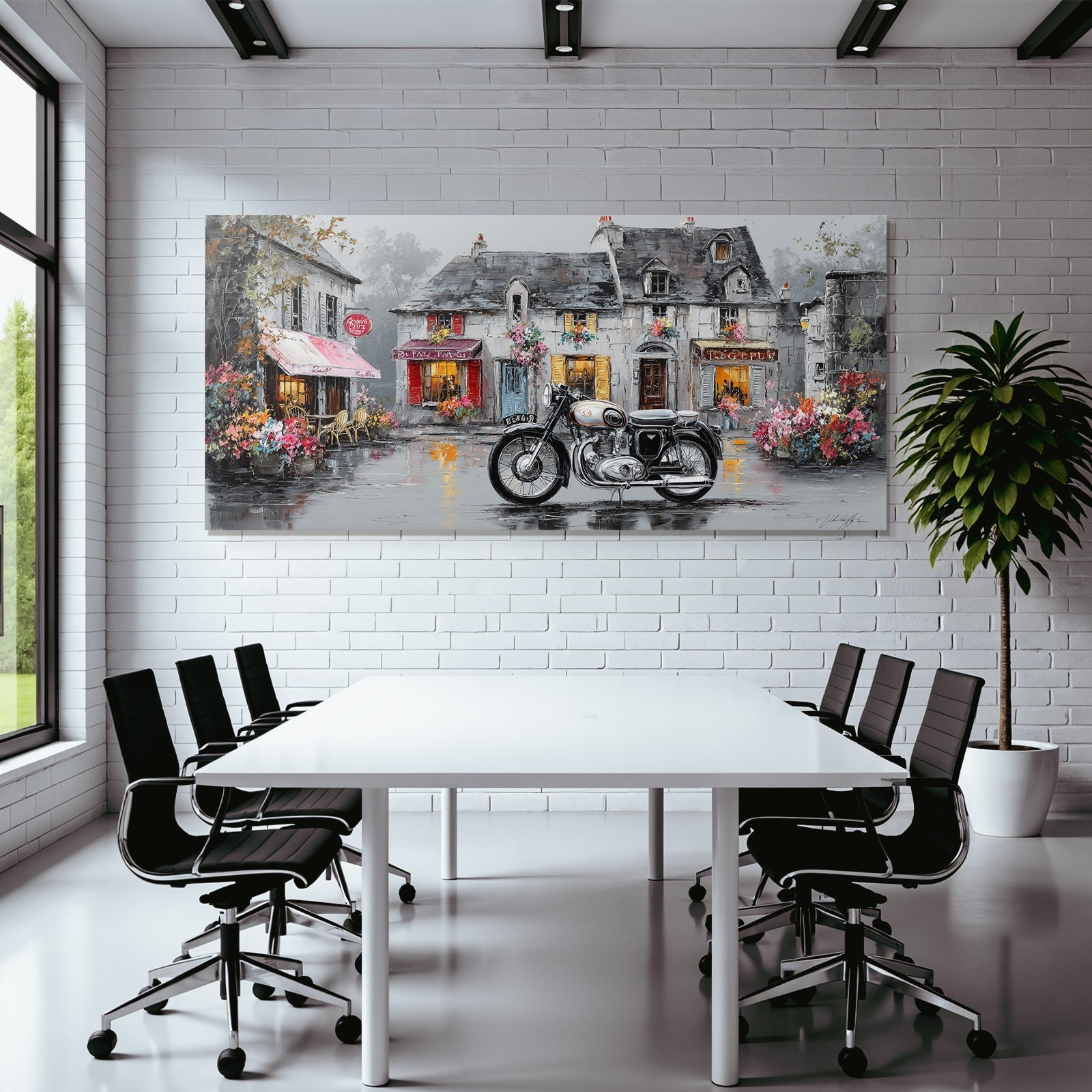 Bunte Strassenszene Mit Motorrad Vintage Blumen Regnerischer Tag