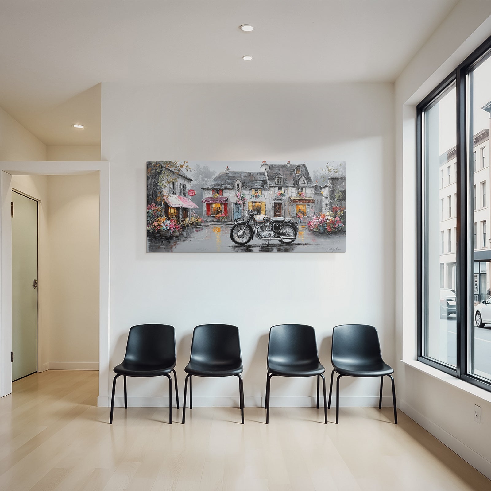Bunte Strassenszene Mit Motorrad Vintage Blumen Regnerischer Tag