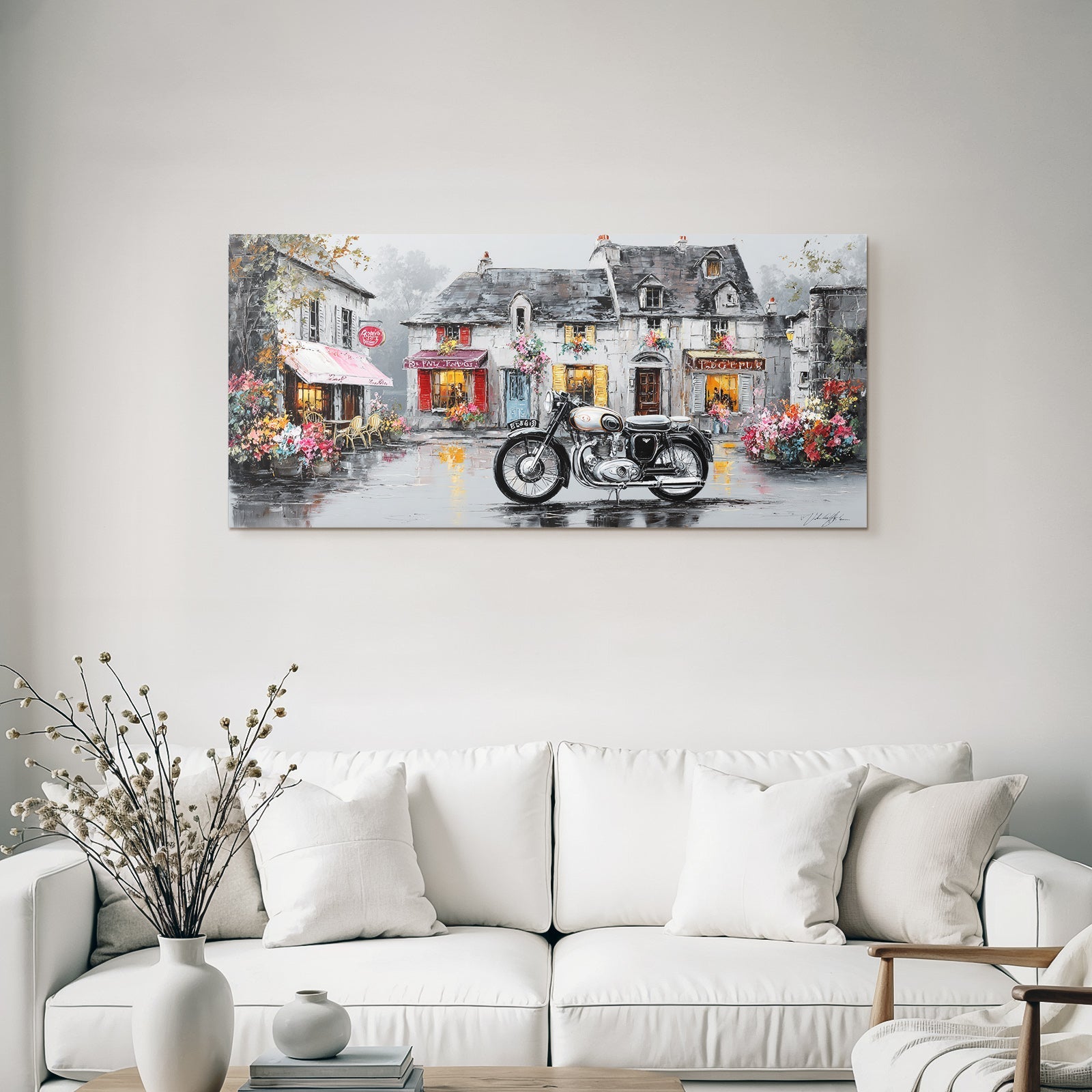 Bunte Strassenszene Mit Motorrad Vintage Blumen Regnerischer Tag