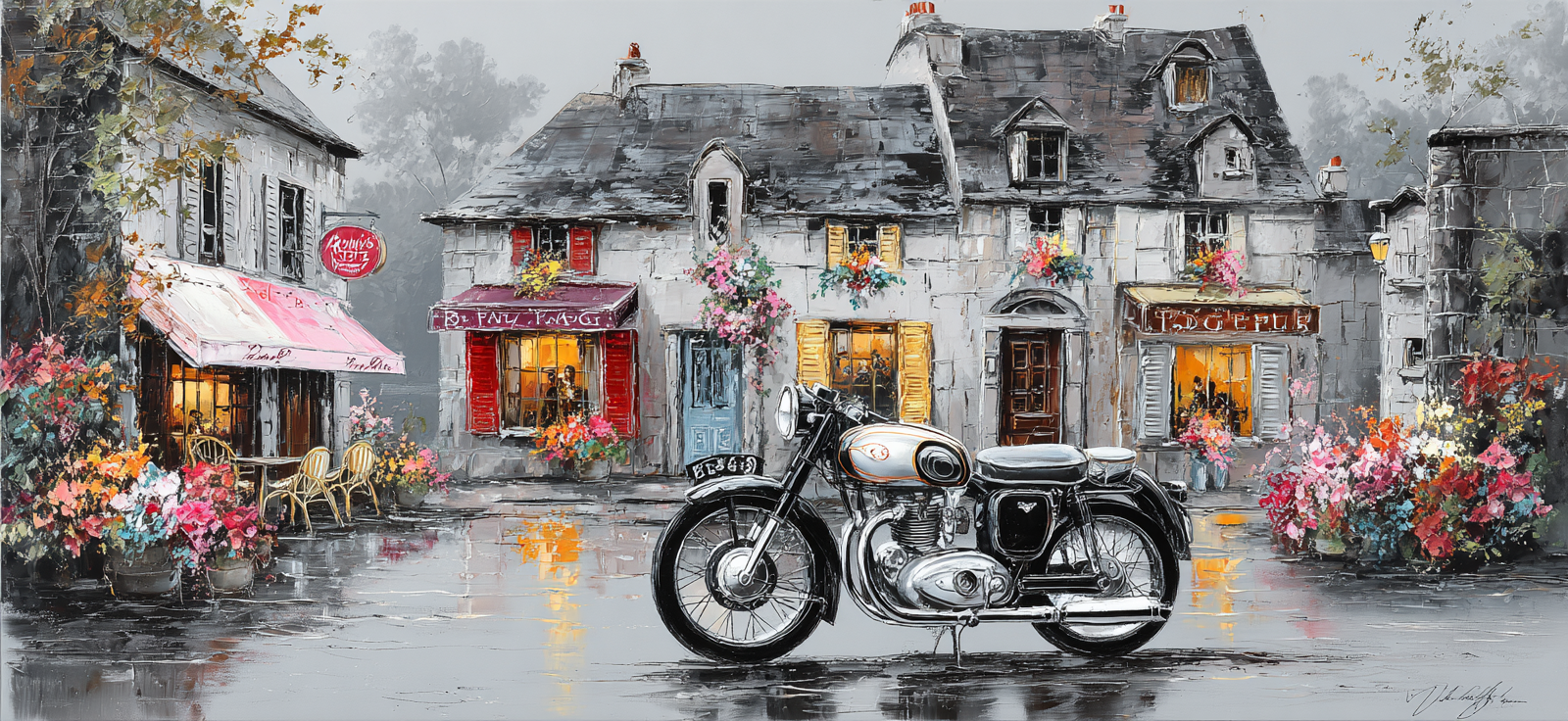 Bunte Strassenszene Mit Motorrad Vintage Blumen Regnerischer Tag | Fahrraeder und Motorraeder | Mobilitaet und Technik