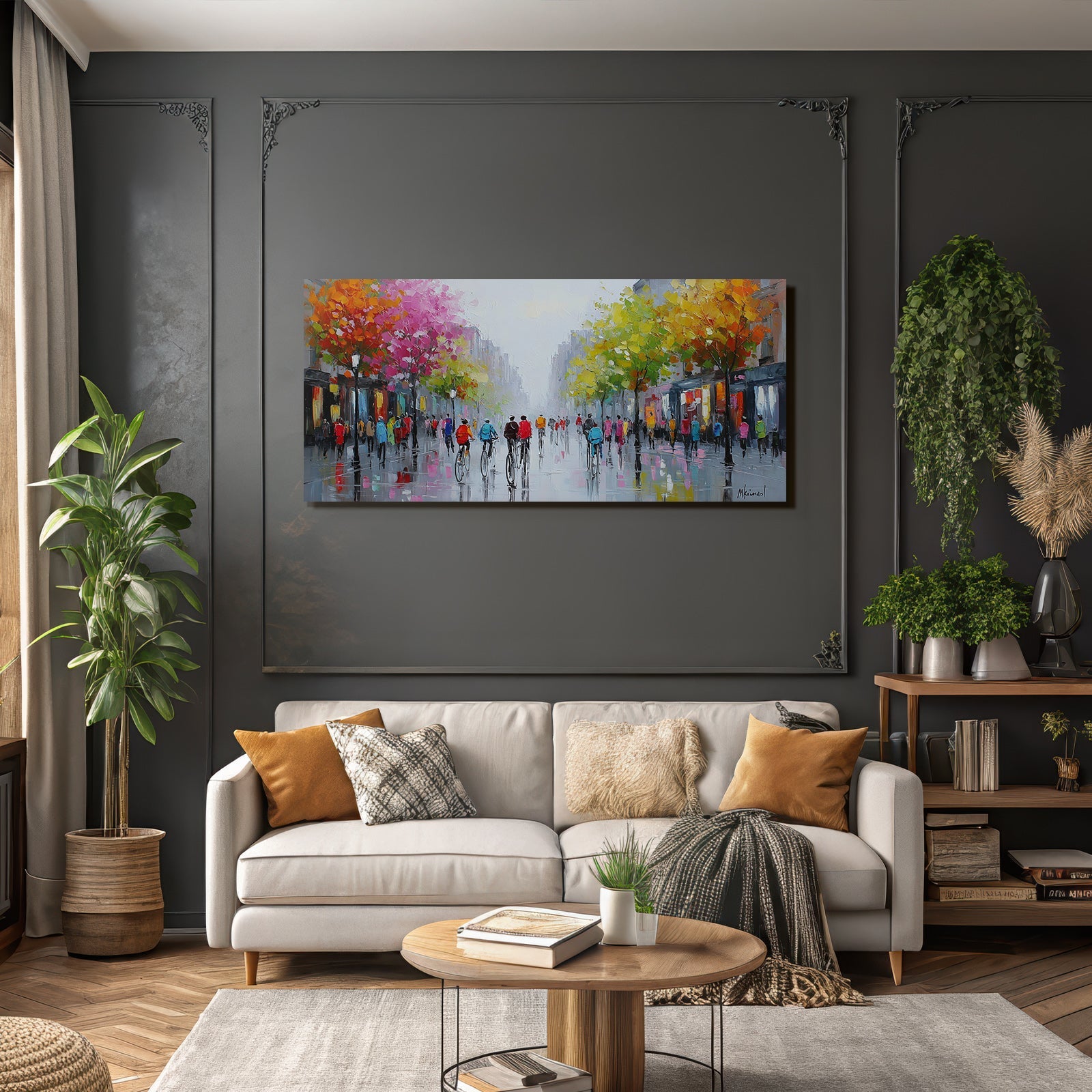 Buntes Impressionistisches Grossstadt Szenario Mit Autumnfarben Und Regenspiegelungen