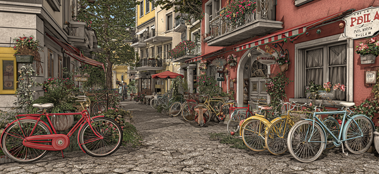 Charmante Enge Strasse Mit Bunten Fahrradern In Einem Quaint Stadt Wohnviertel | Fahrraeder und Motorraeder | Mobilitaet und Technik