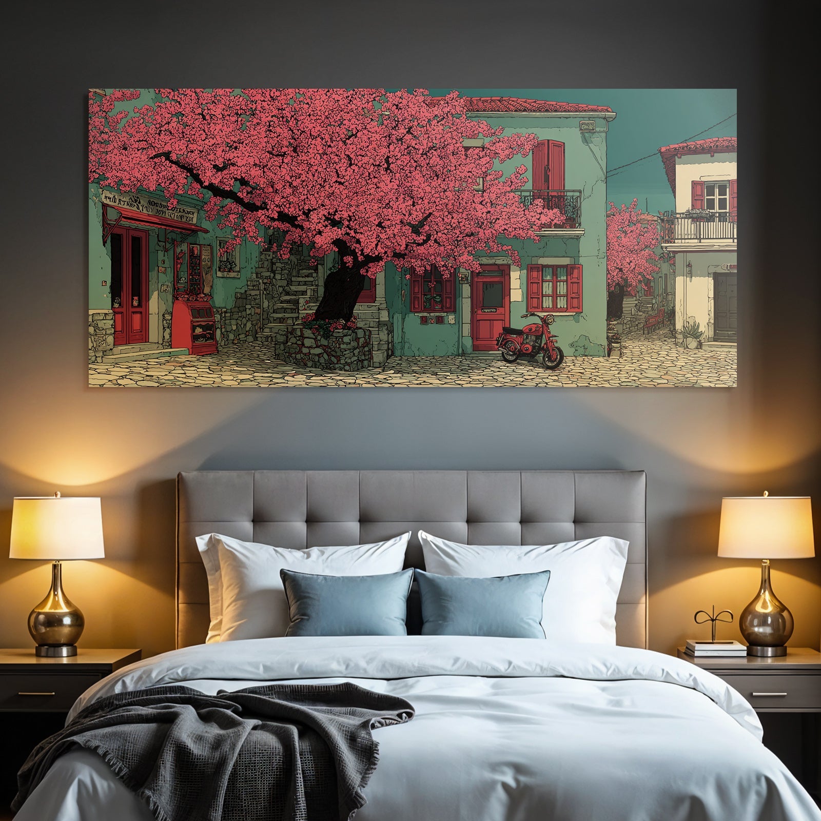Charming street scene with flowering tree and cobblestone paths
