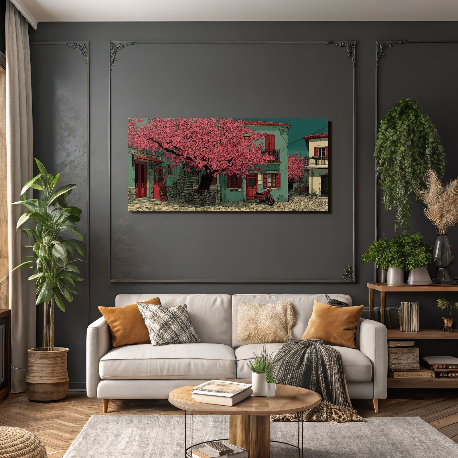 Charming street scene with flowering tree and cobblestone paths