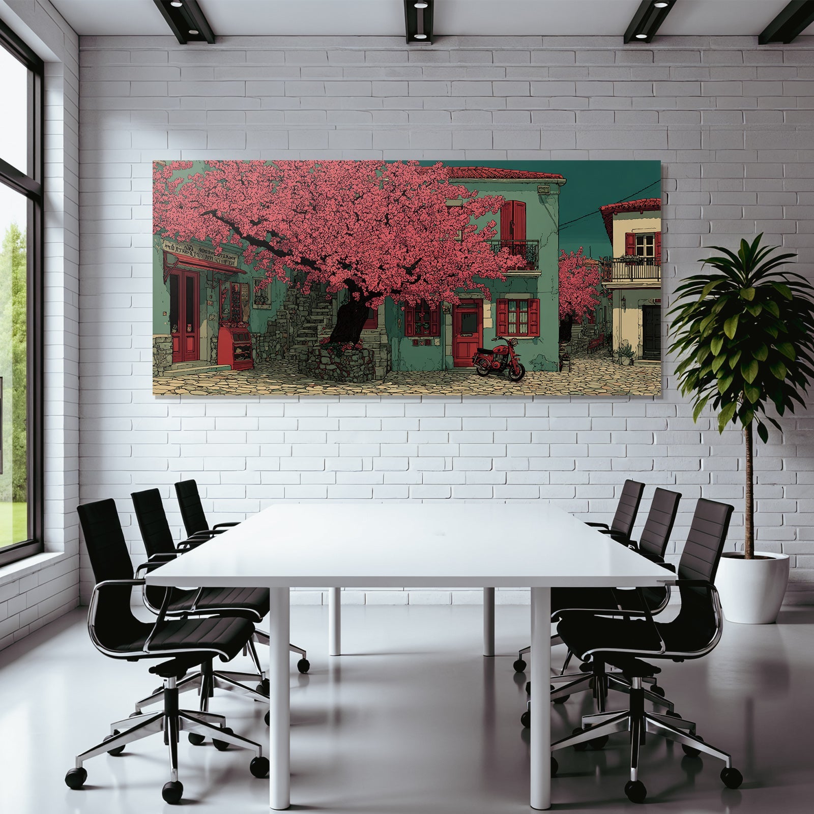 Charming street scene with flowering tree and cobblestone paths