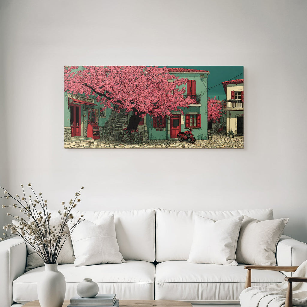 Charming street scene with flowering tree and cobblestone paths