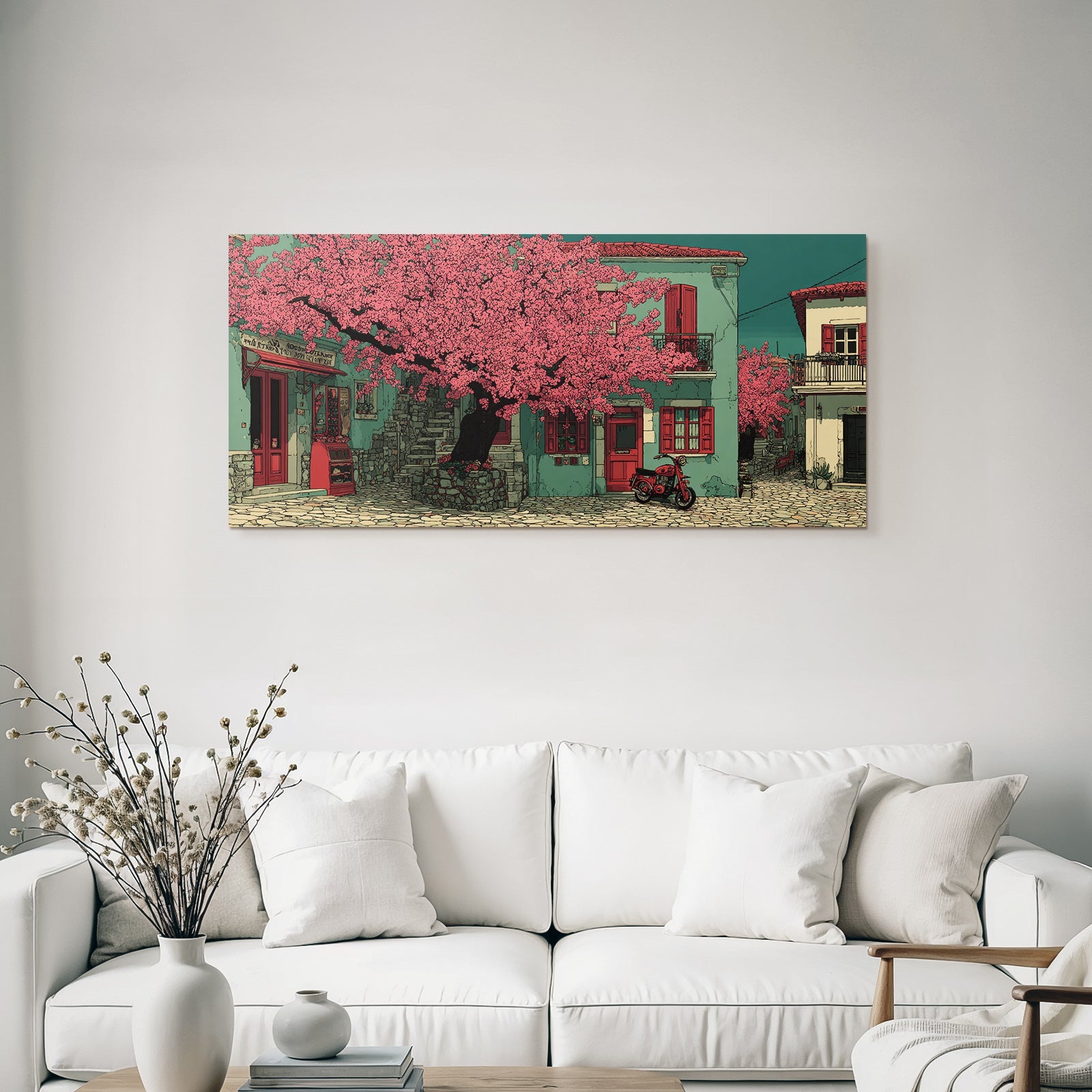 Charming street scene with flowering tree and cobblestone paths