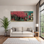 Charming street scene with flowering tree and cobblestone paths