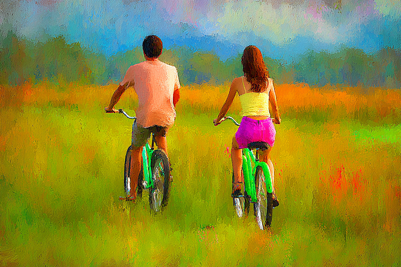 Couple Fahrradfahrt Durch Grüne Wiese Bei Sonnenuntergang | Fahrraeder und Motorraeder | Mobilitaet und Technik