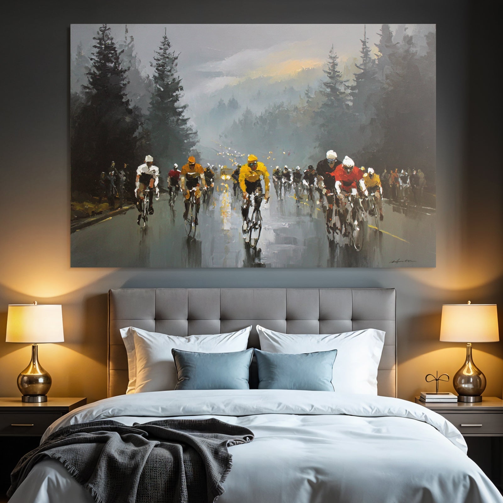 Cycling Race Im Regen Mit Nebel Und Dunklen Bäumen