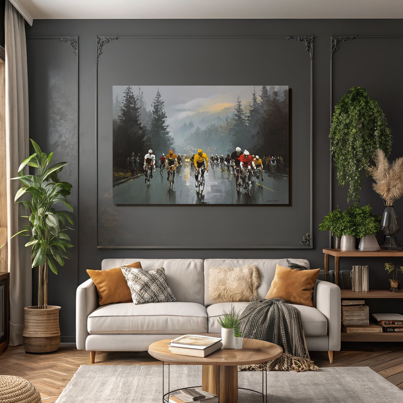 Cycling Race Im Regen Mit Nebel Und Dunklen Bäumen