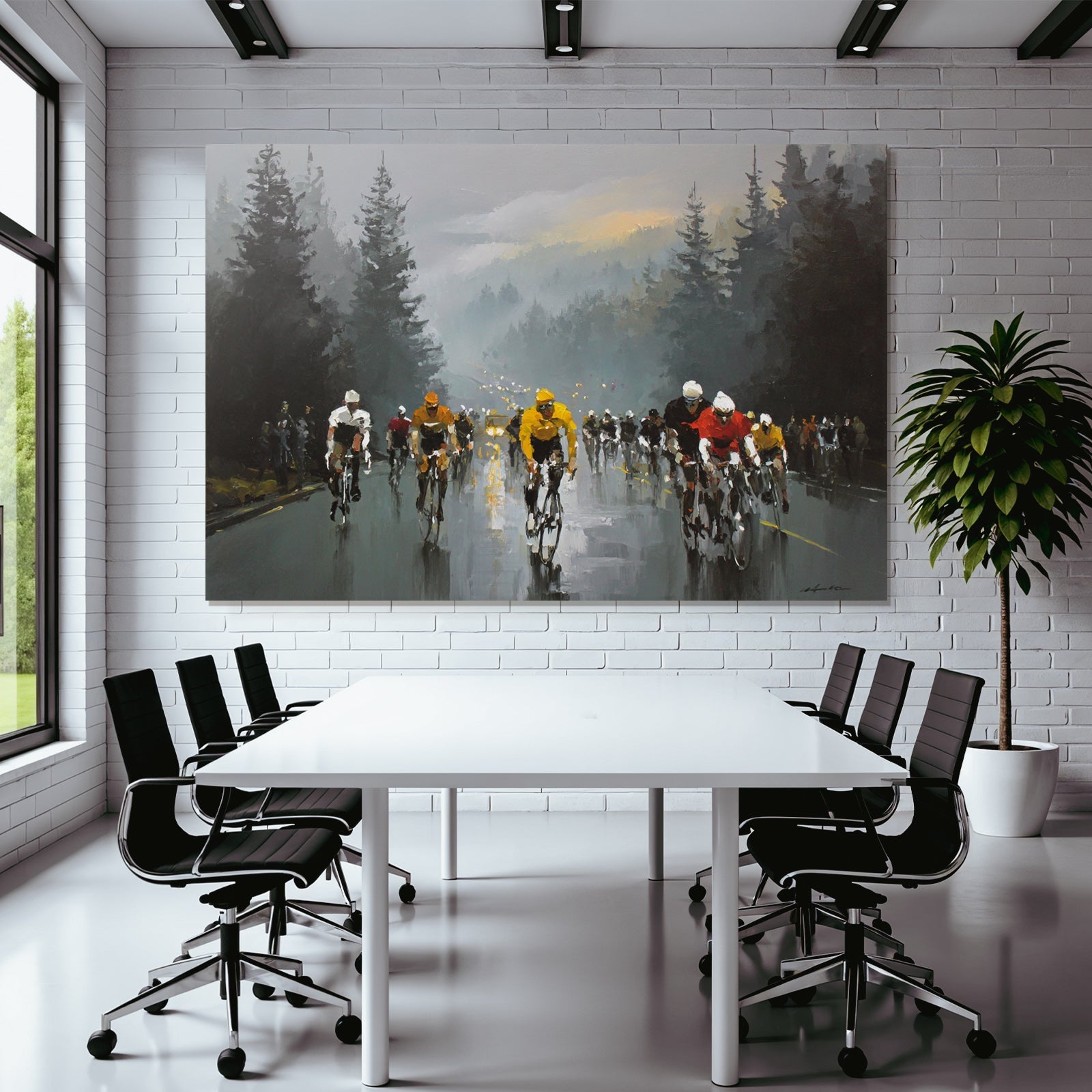 Cycling Race Im Regen Mit Nebel Und Dunklen Bäumen