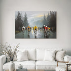 Cycling Race Im Regen Mit Nebel Und Dunklen Bäumen