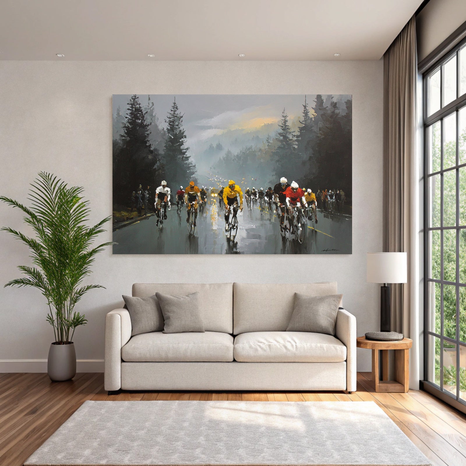 Cycling Race Im Regen Mit Nebel Und Dunklen Bäumen