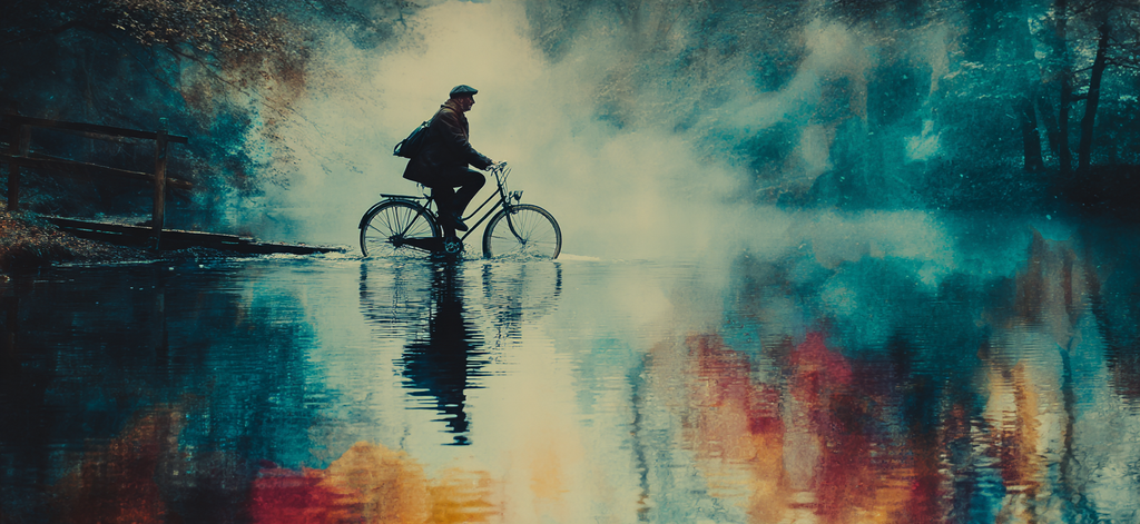 Fahrradfahrer Im Nebel Reflektierende Wasseroberfläche Träumerische Atmosphäre | Fahrraeder und Motorraeder | Mobilitaet und Technik