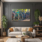 Fahrradreihe Bunte Designs Im Freien Mit Grünem Hintergrund
