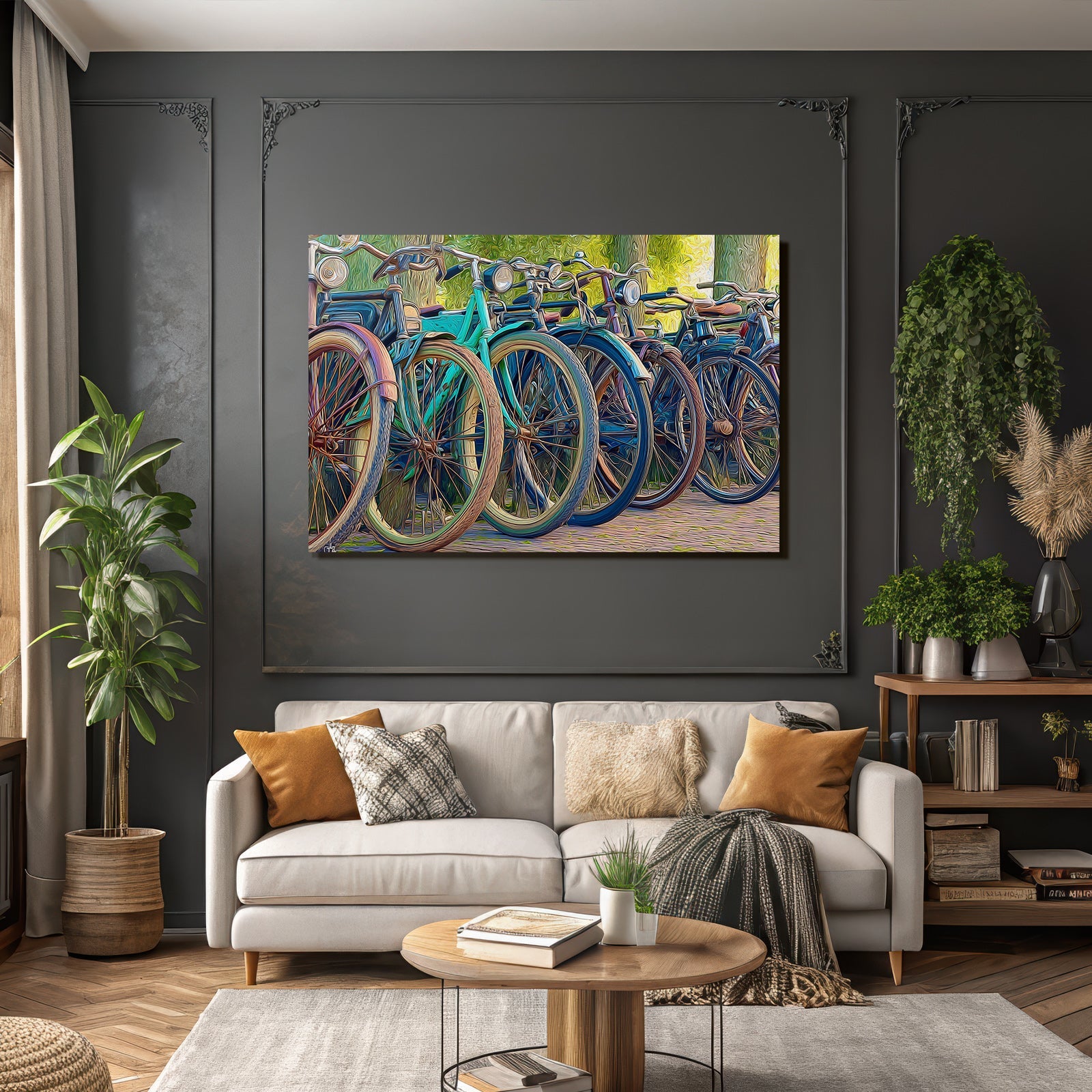 Fahrradreihe Bunte Designs Im Freien Mit Grünem Hintergrund