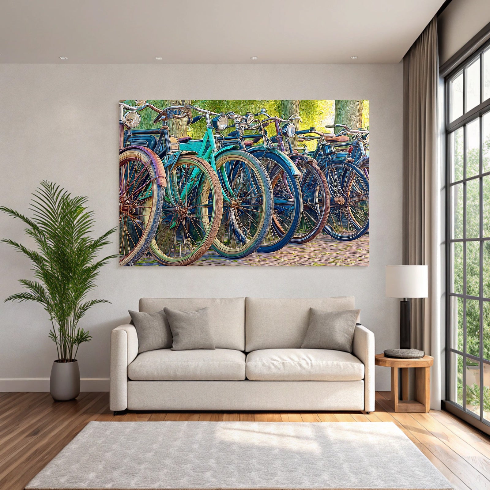 Fahrradreihe Bunte Designs Im Freien Mit Grünem Hintergrund