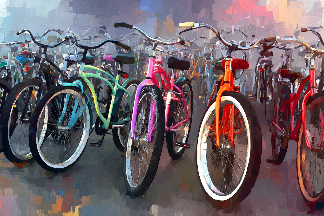Farbenfrohe Fahrrad Aufstellung Kunststil | Fahrraeder und Motorraeder | Mobilitaet und Technik
