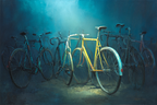 Gelbe Fahrrad Mit Bikes Im Hintergrund Atmosphärisch Malerei | Fahrraeder und Motorraeder | Mobilitaet und Technik