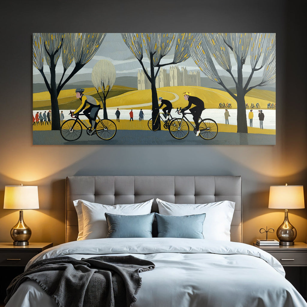 Autumnal cyclists in a scenic outdoor area with trees and a castle