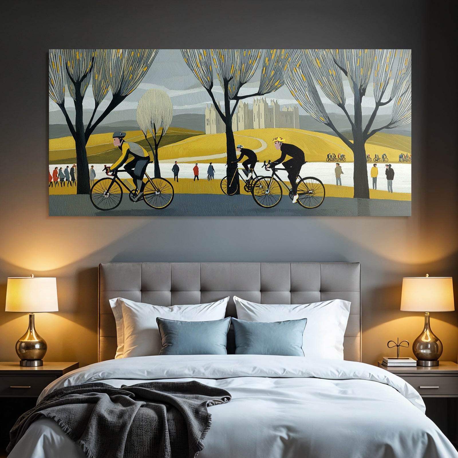 Autumnal cyclists in a scenic outdoor area with trees and a castle
