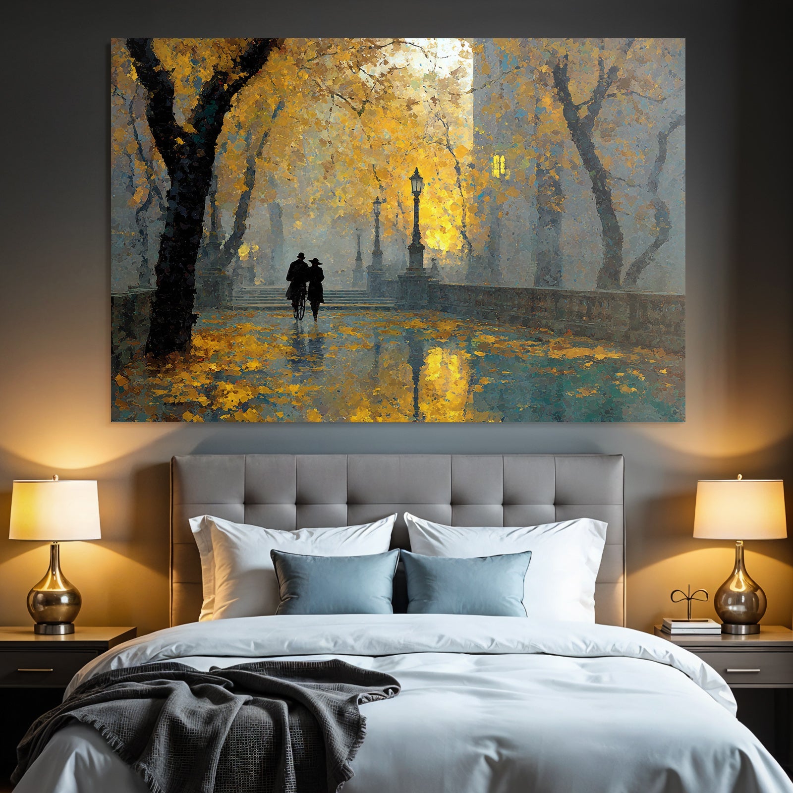 Herbstliche Spaziergang Mit Lampen Und Bäumen Mit Gelben Häutchen