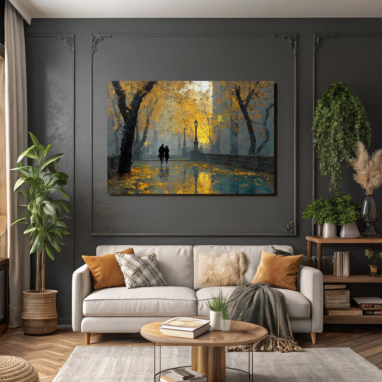 Herbstliche Spaziergang Mit Lampen Und Bäumen Mit Gelben Häutchen