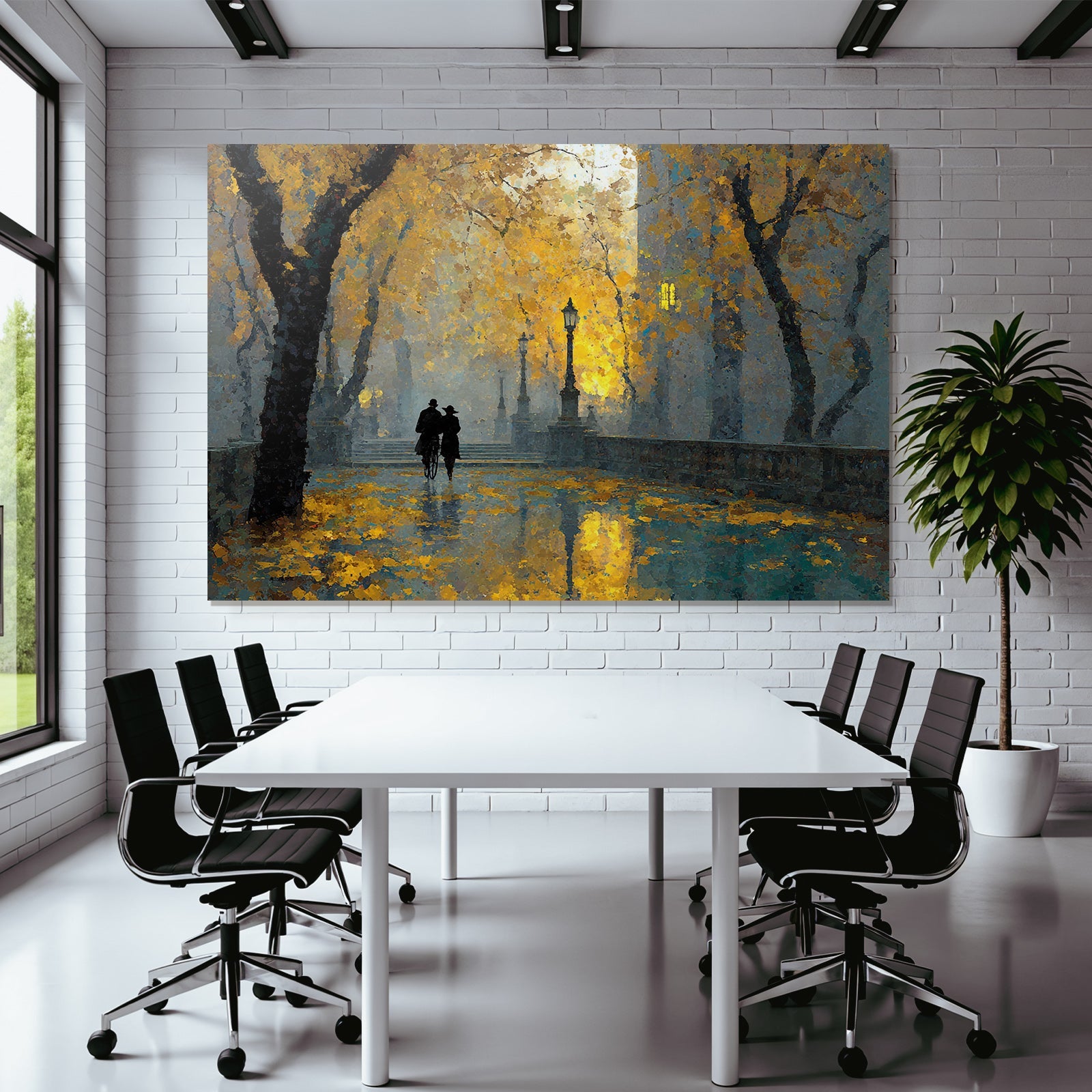 Herbstliche Spaziergang Mit Lampen Und Bäumen Mit Gelben Häutchen