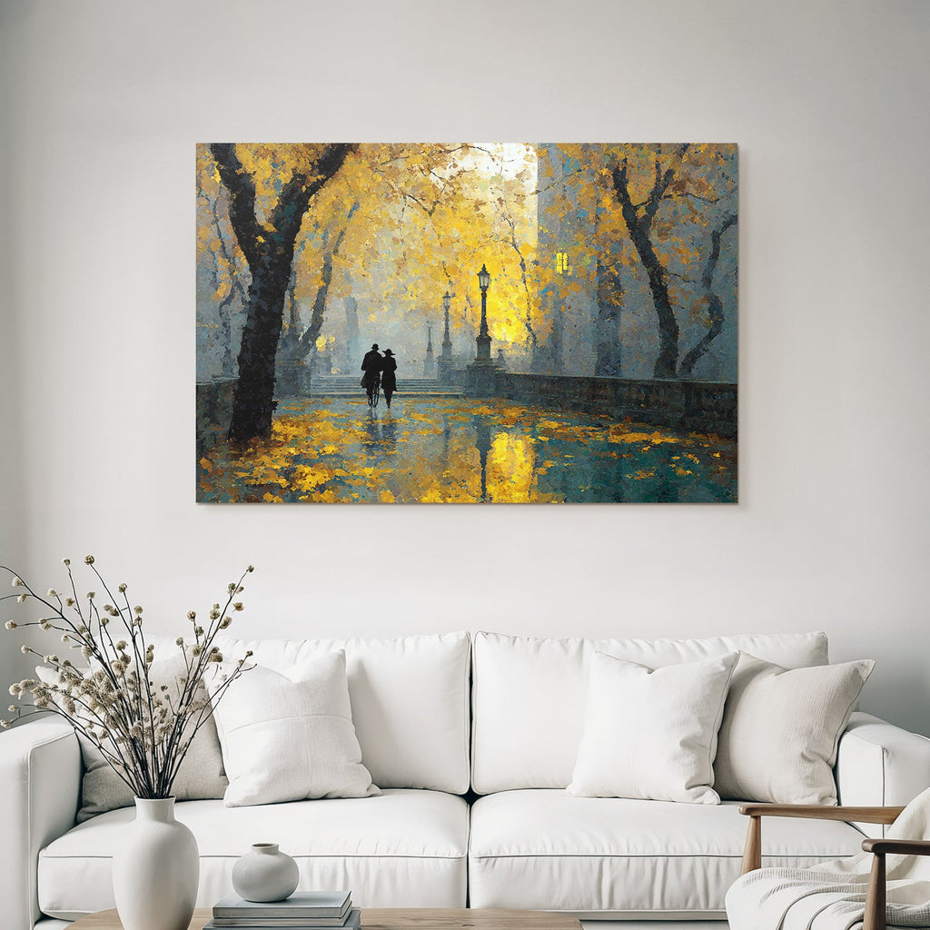 Herbstliche Spaziergang Mit Lampen Und Bäumen Mit Gelben Häutchen
