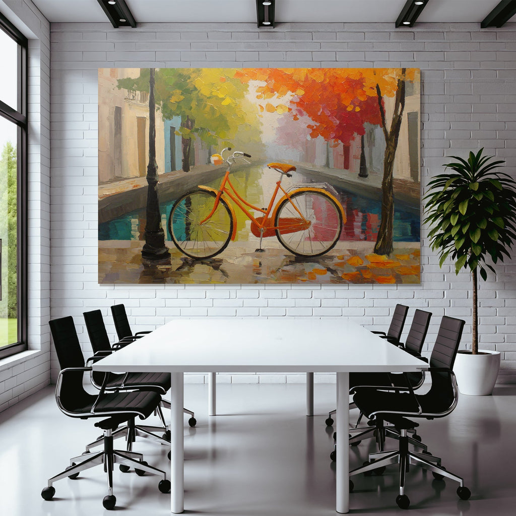 Herbstliche Strassenszene Mit Orange Fahrrad Und Baum Blätter Reflexion