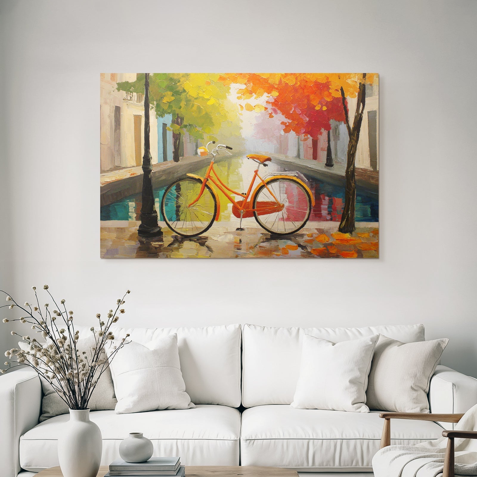Herbstliche Strassenszene Mit Orange Fahrrad Und Baum Blätter Reflexion