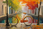 Herbstliche Strassenszene Mit Orange Fahrrad Und Baum Blätter Reflexion | Fahrraeder und Motorraeder | Mobilitaet und Technik