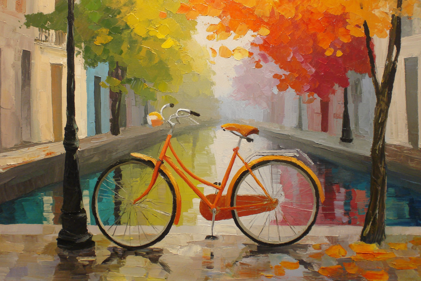 Herbstliche Strassenszene Mit Orange Fahrrad Und Baum Blätter Reflexion | Fahrraeder und Motorraeder | Mobilitaet und Technik