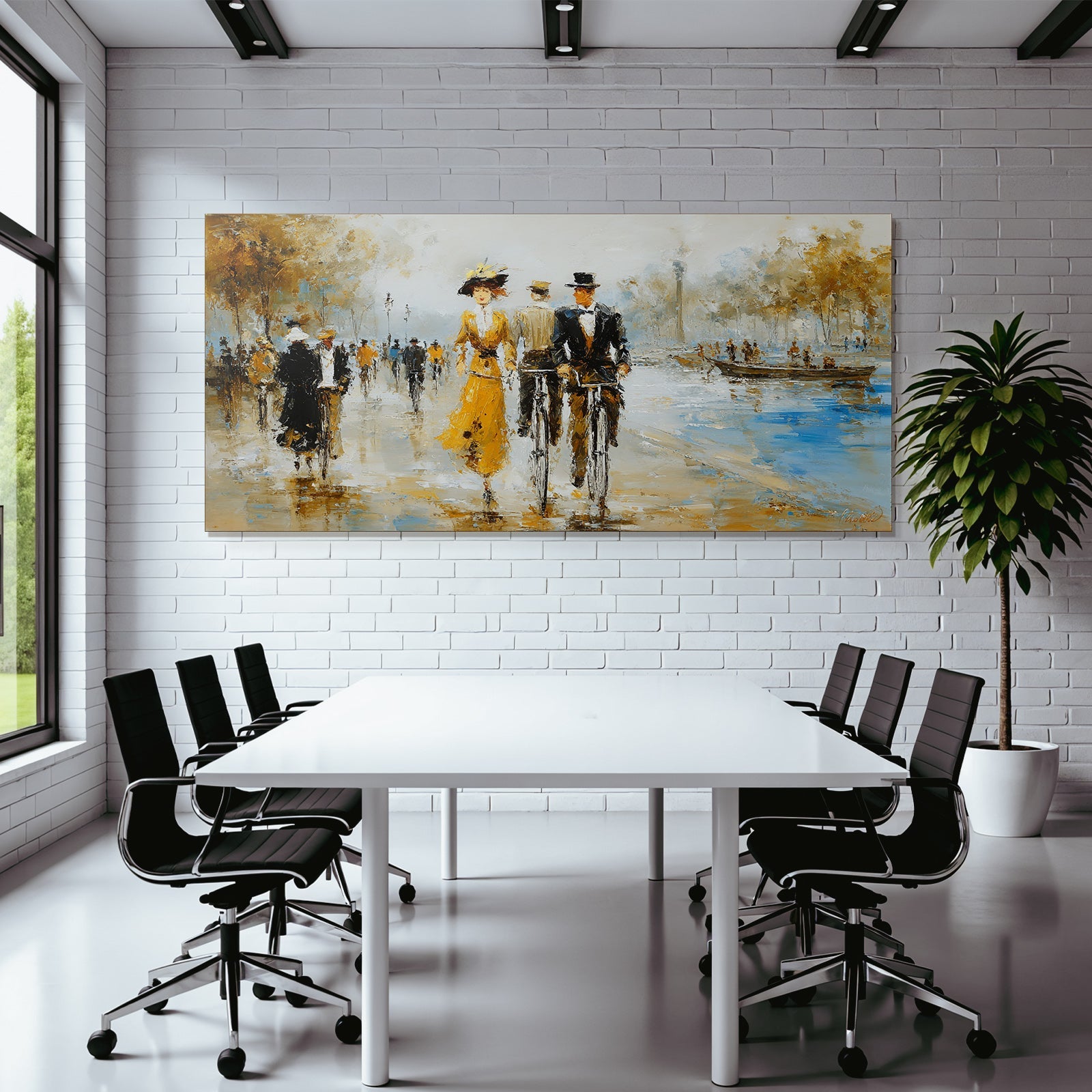 Impressionist painting of people outdoors with trees and water