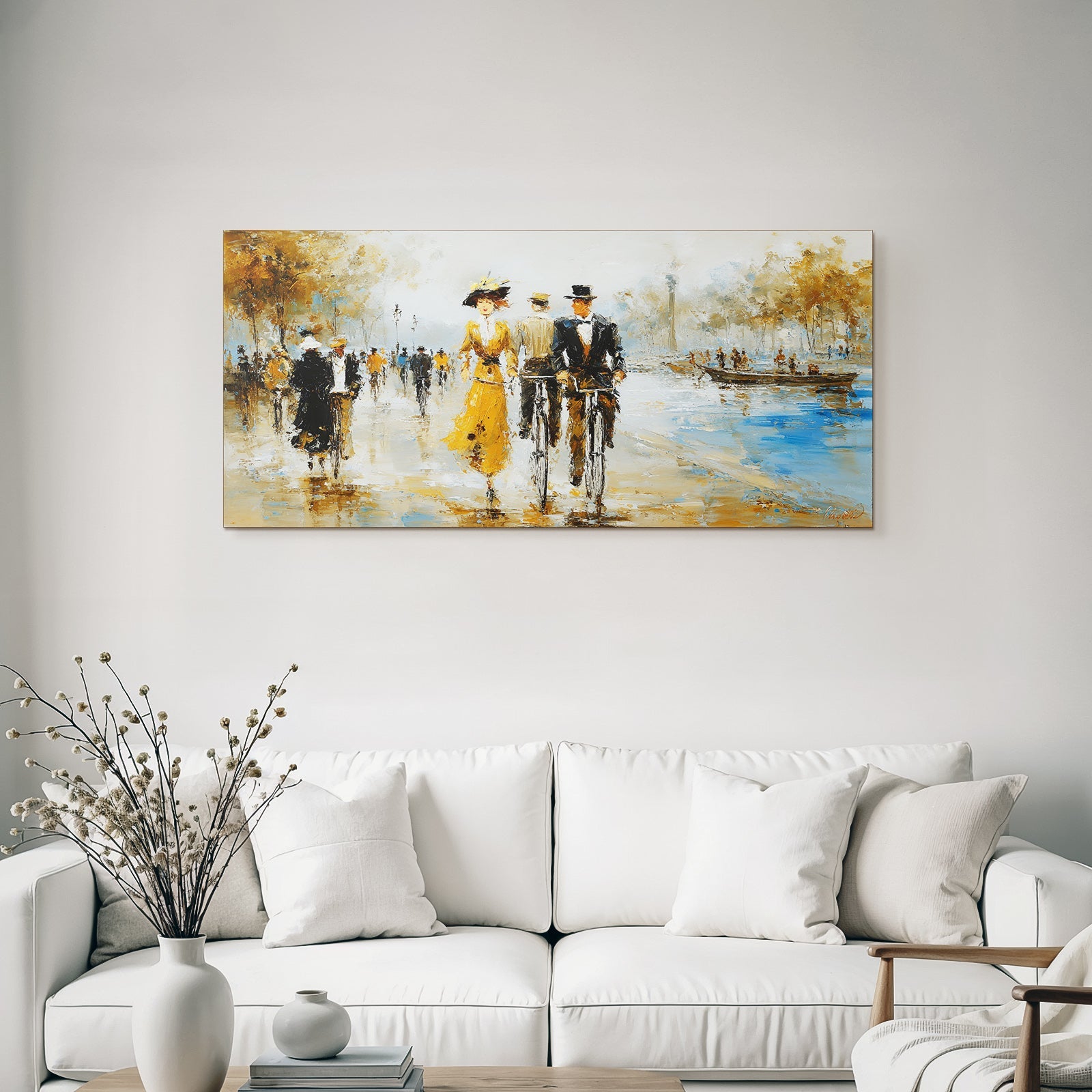 Impressionist painting of people outdoors with trees and water