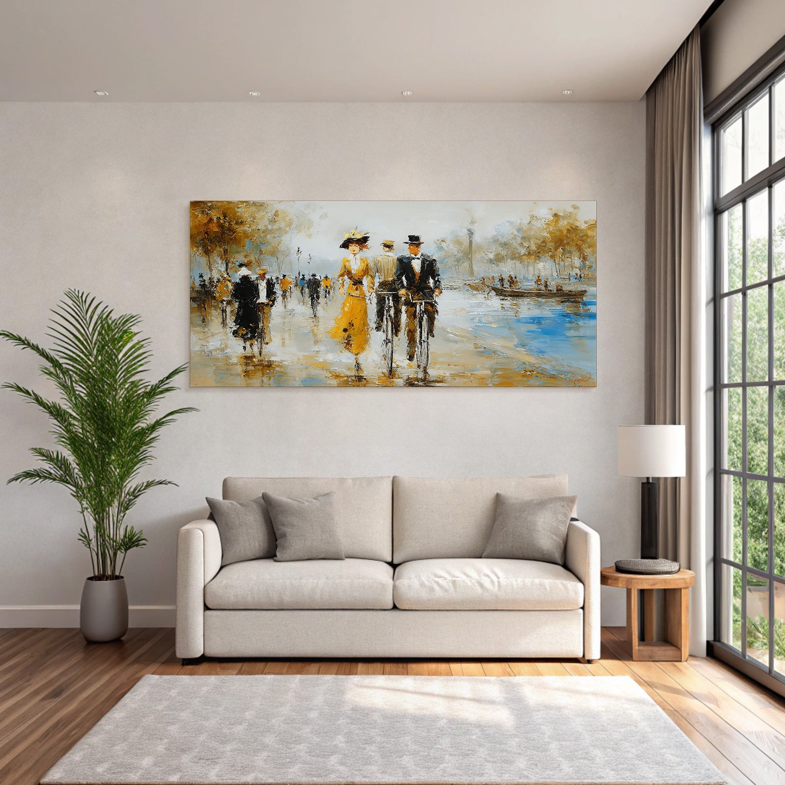 Impressionist painting of people outdoors with trees and water