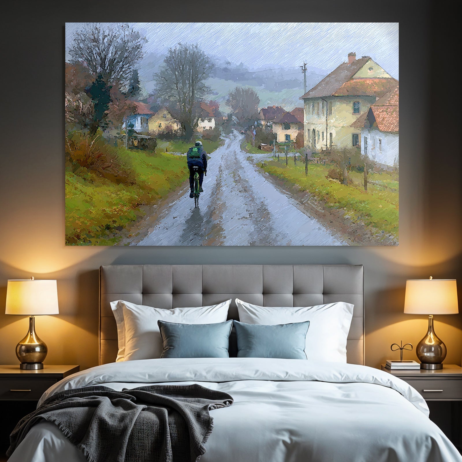 Landscape Misty Countryside With Cyclist Undulating Road Houses Nearby