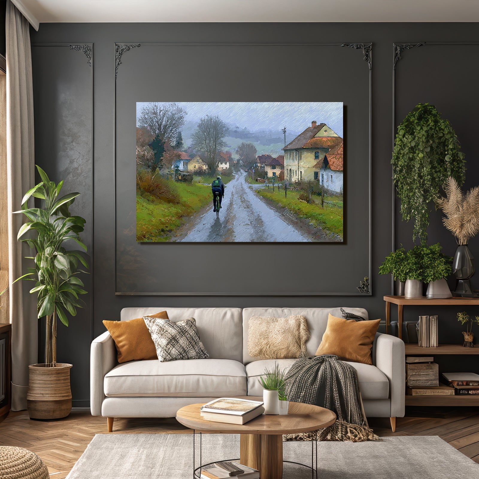 Landscape Misty Countryside With Cyclist Undulating Road Houses Nearby