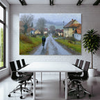 Landscape Misty Countryside With Cyclist Undulating Road Houses Nearby