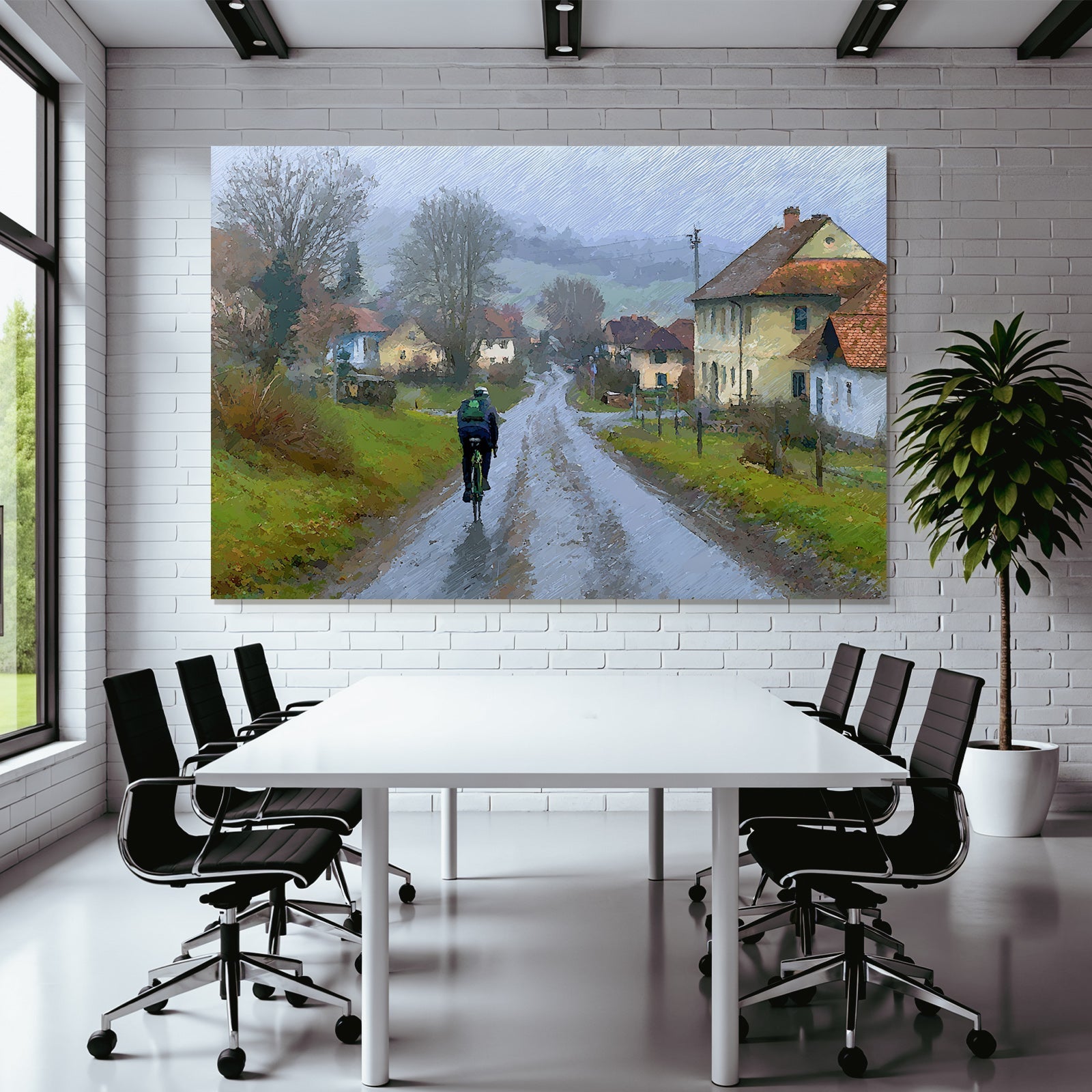 Landscape Misty Countryside With Cyclist Undulating Road Houses Nearby