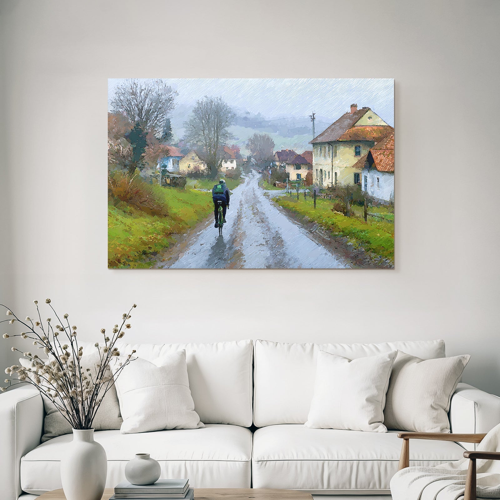 Landscape Misty Countryside With Cyclist Undulating Road Houses Nearby