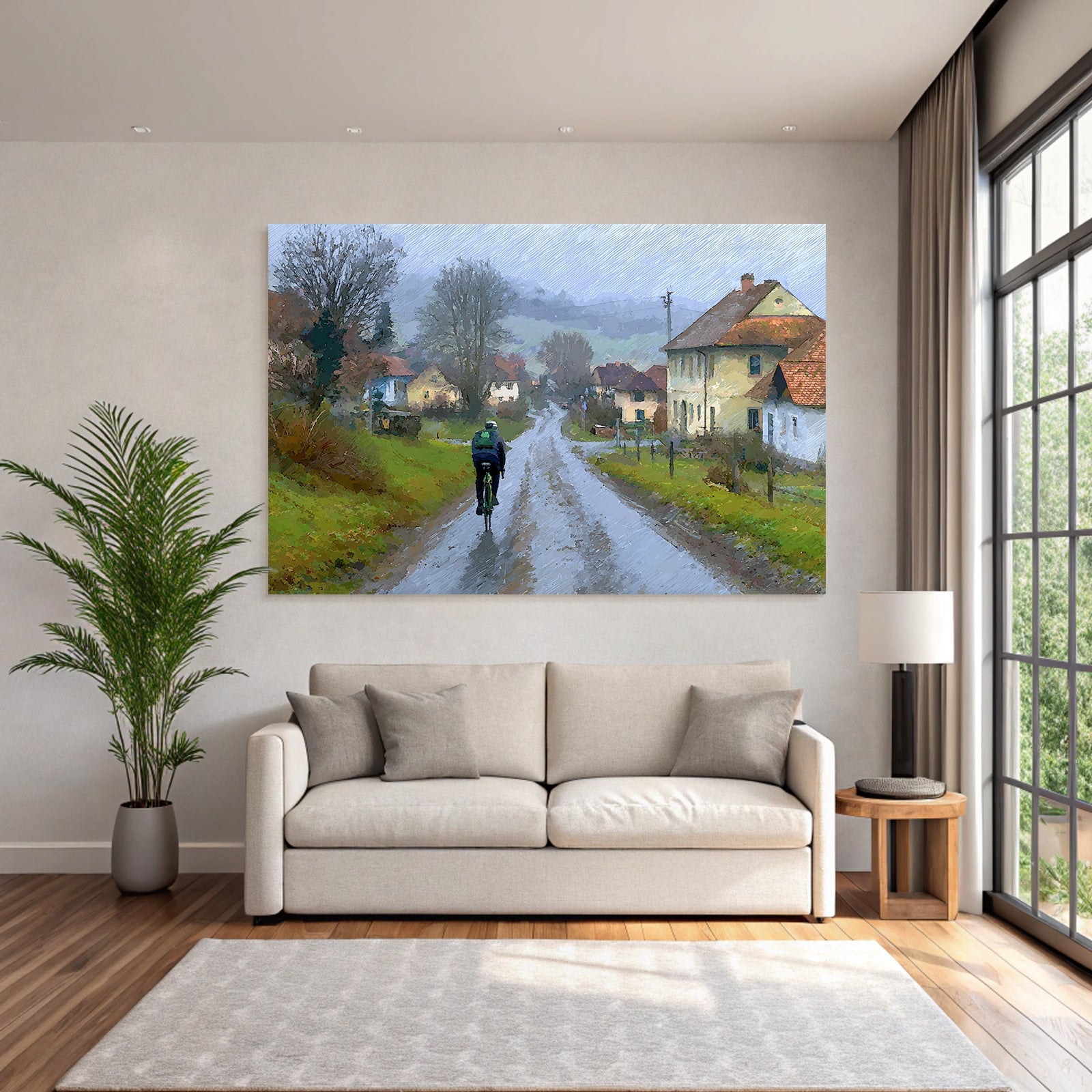 Landscape Misty Countryside With Cyclist Undulating Road Houses Nearby