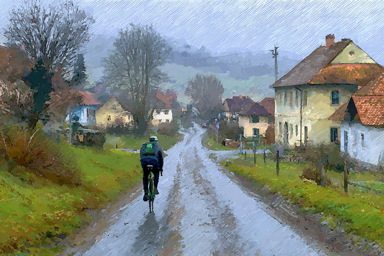 Landscape Misty Countryside With Cyclist Undulating Road Houses Nearby | Fahrraeder und Motorraeder | Mobilitaet und Technik