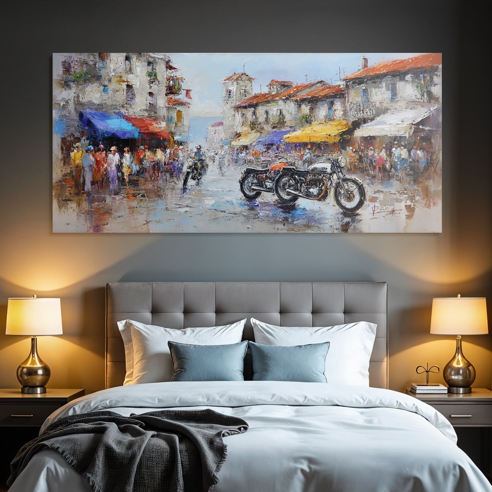Lebendige Strassenszene Impressionistische Malerei Vintage Motorrader Marktplatz