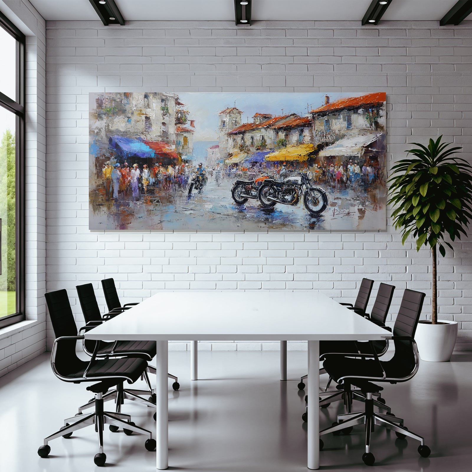 Lebendige Strassenszene Impressionistische Malerei Vintage Motorrader Marktplatz